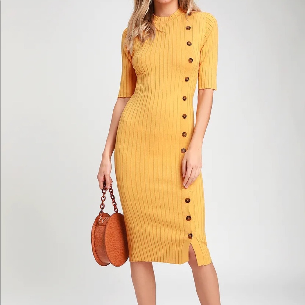Lulus Golden Yellow Ribbed Dress